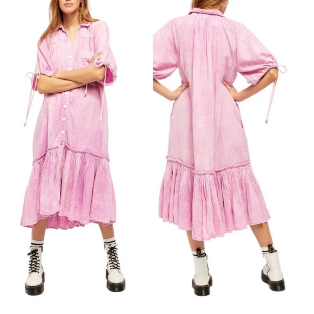 Free People Maya Shirt Dress Pink Midi Cotton Sz XL Flowy Gauzy Boho Buttons